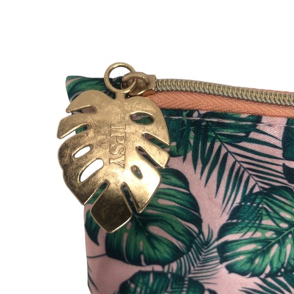 Ipsy Green Leaves Plants Pink Zippered Bag w Charm Cosmetics Makeup Pouch Summer - Picture 2 of 4